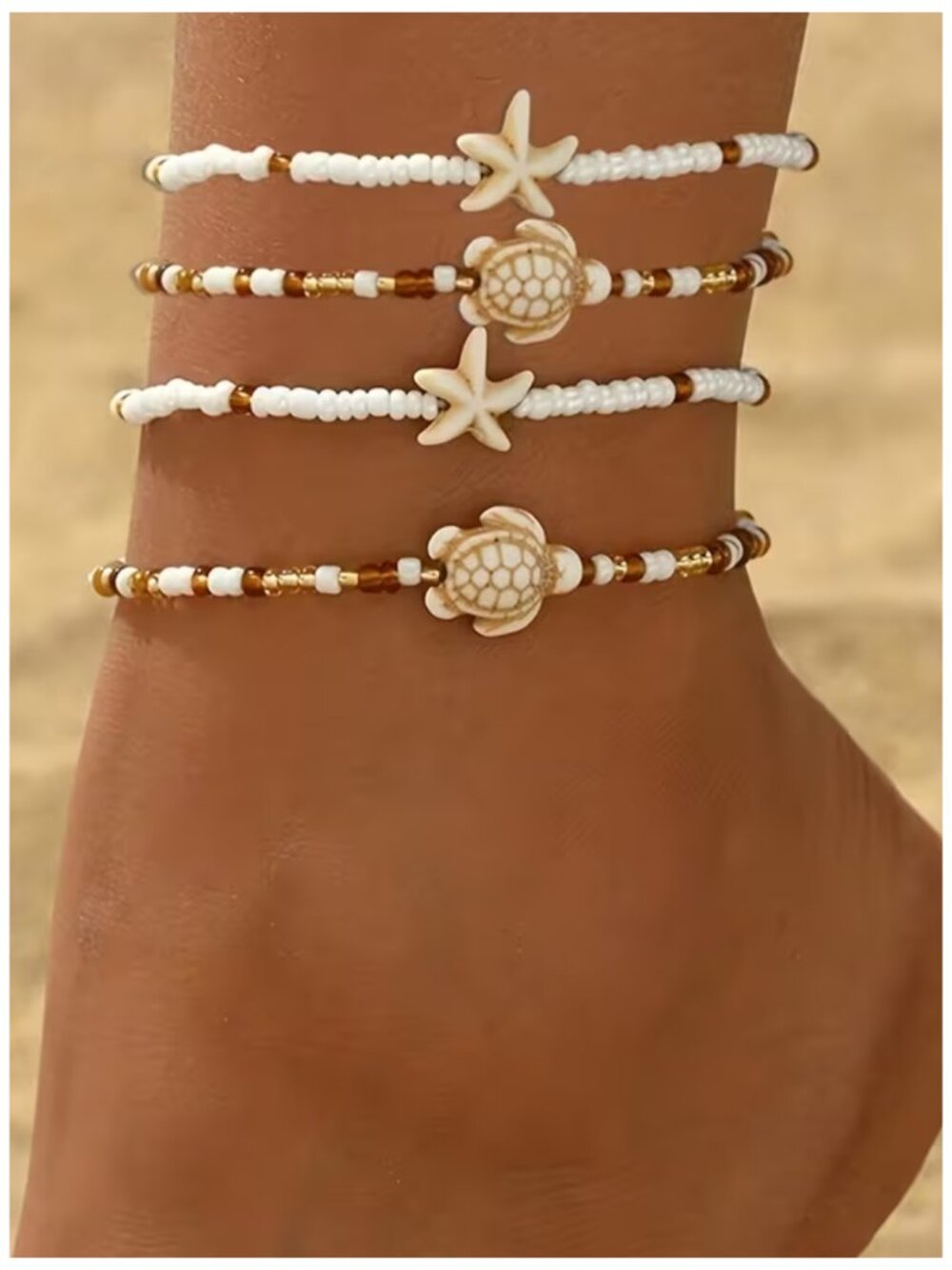 4pc Glass Bead Ankle Bracelets Multi-Layer Stacked Starfish & Sea Turtle Charms